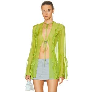 ET OCHS green silk Christal Cascade tie front blouse top NWT